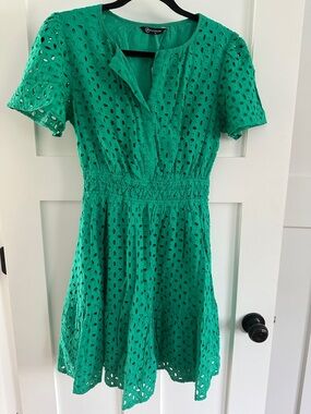 Eyelet Short-Sleeve Mini Dress in Emerald Green